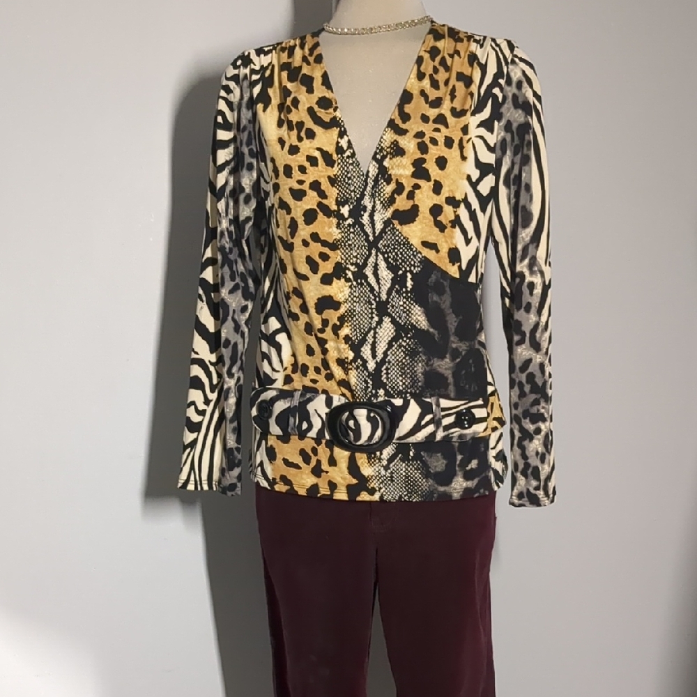 Frank Lyman Design Yellow and Black Animal Print V-Neck Blouse